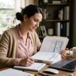 Healthcare assistant reviewing documents at home office.