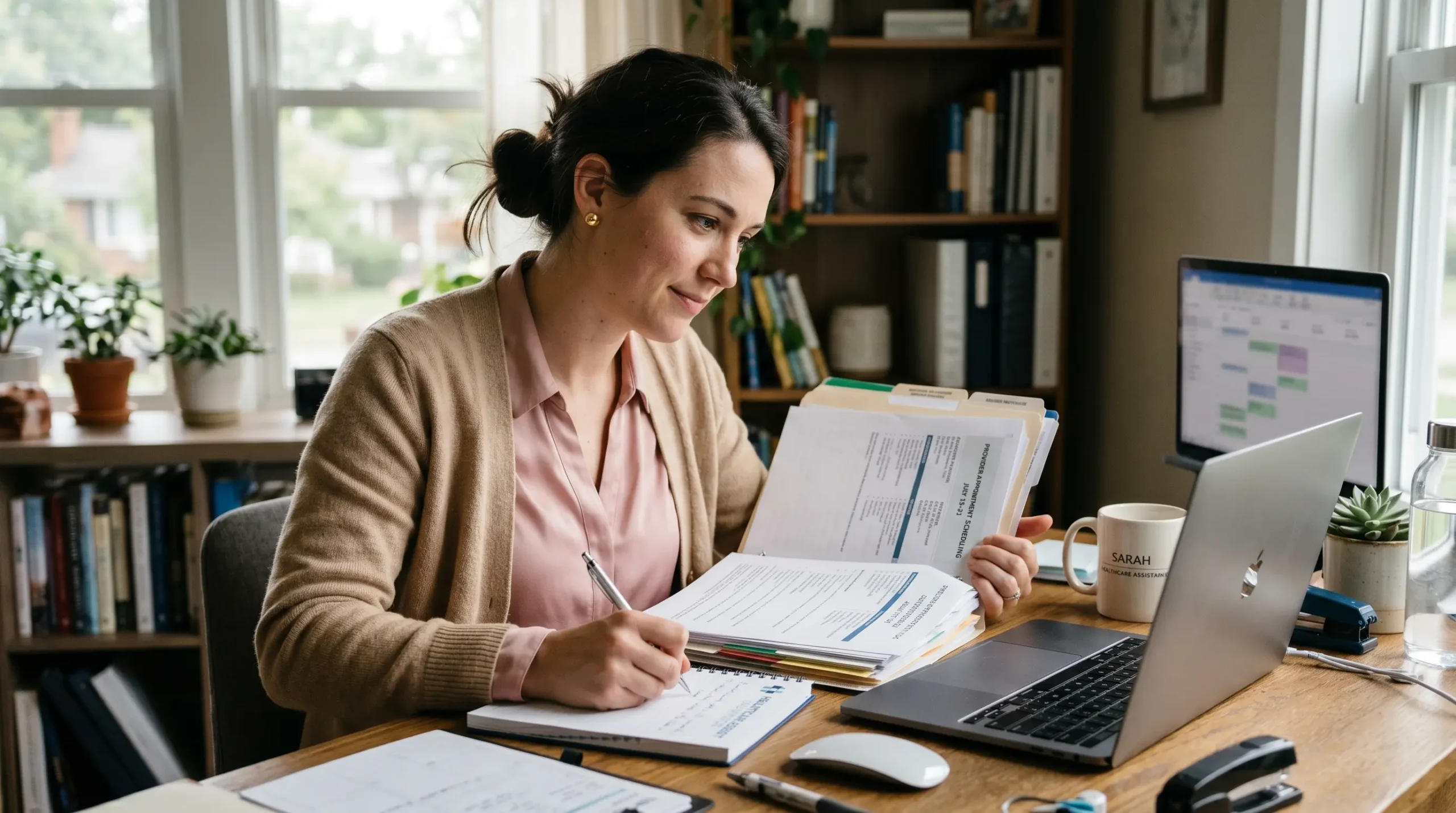 Healthcare assistant reviewing documents at home office.