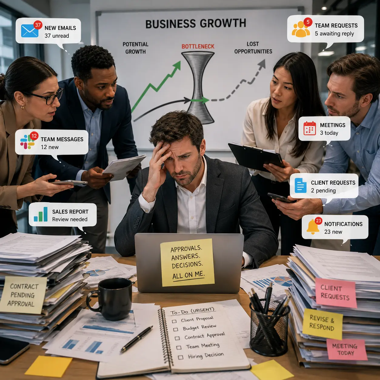 Overwhelmed business owner creating a growth bottleneck for the team.