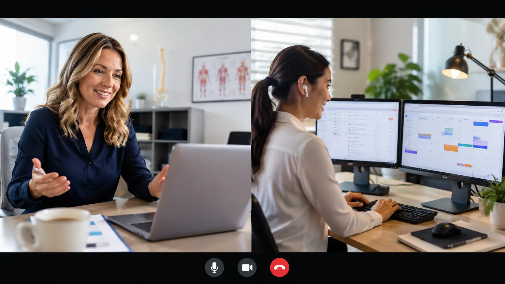 Healthcare professional collaborating with a virtual assistant via video call.