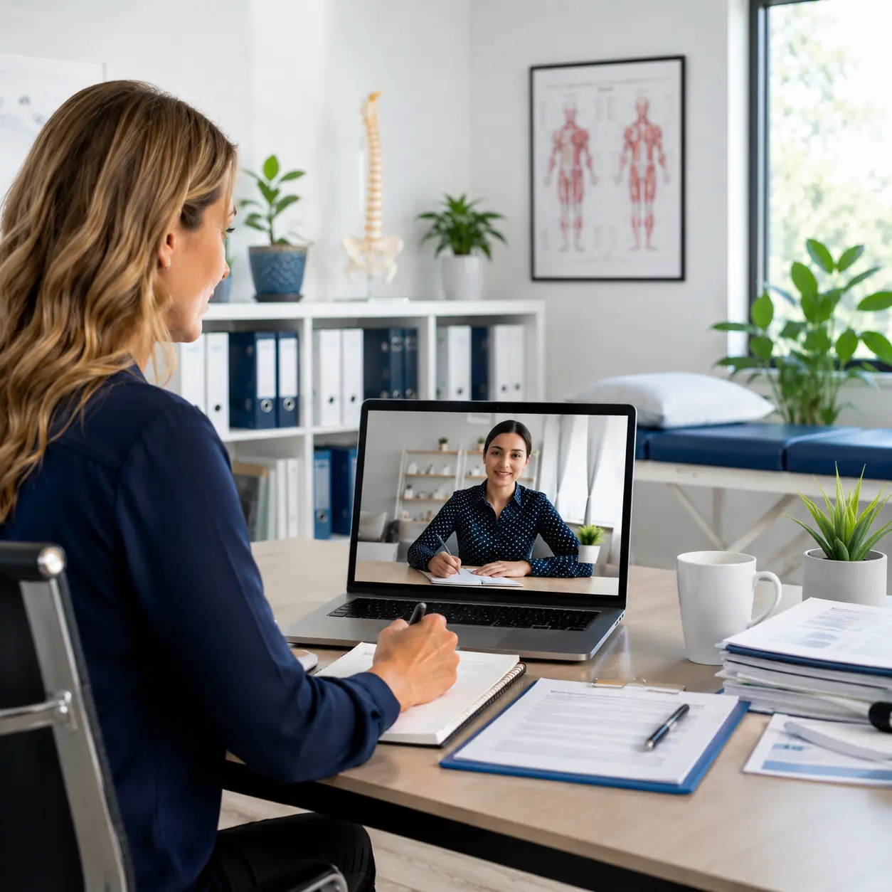 Healthcare professional in a virtual consultation with a remote assistant.