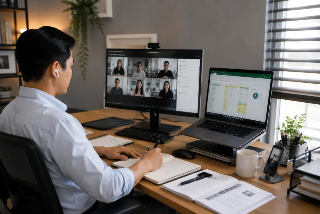 Virtual assistant attending an online team meeting and managing reports.