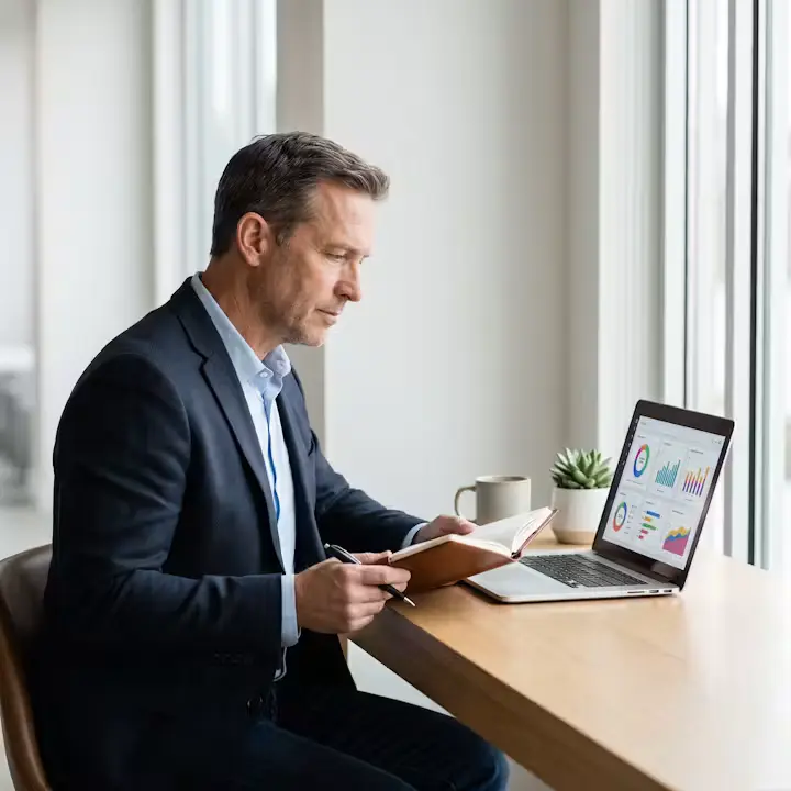 Businessman reviewing reports on a laptop.