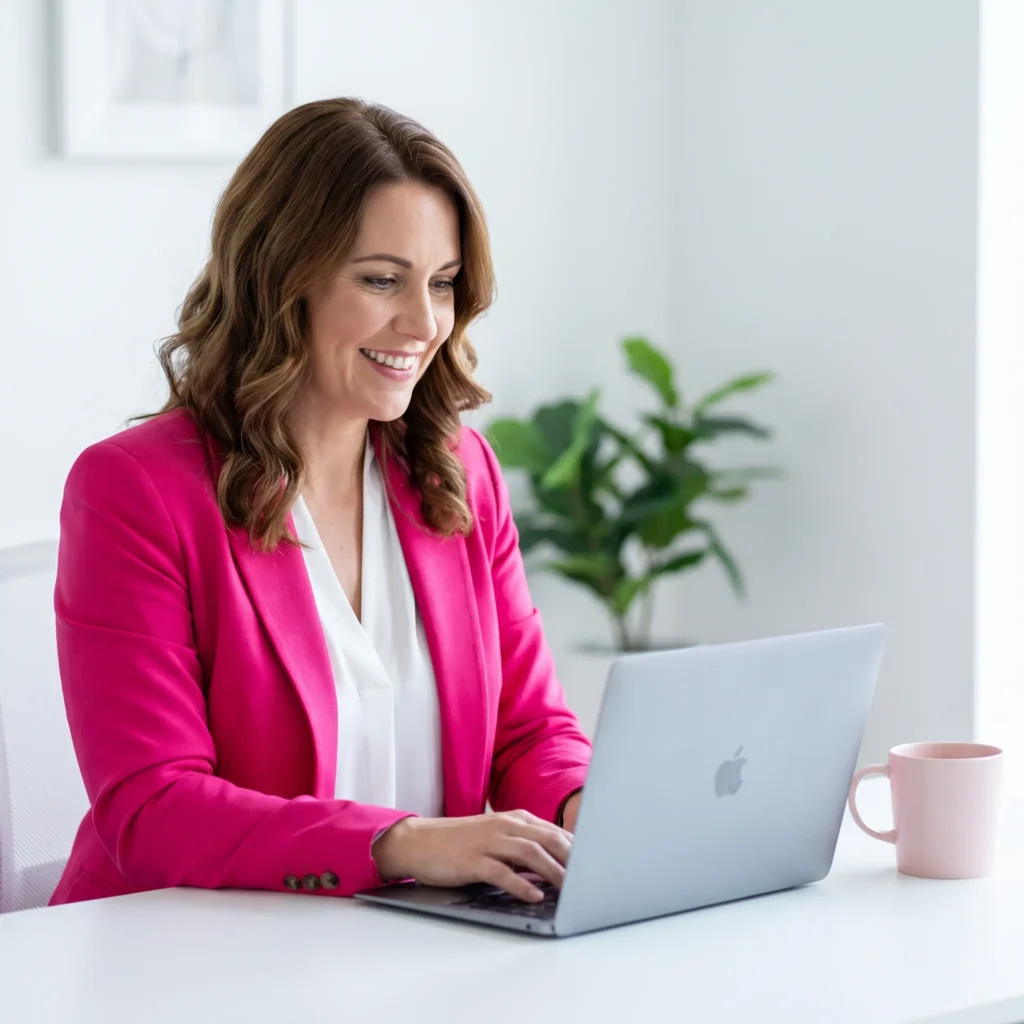 Businesswoman smiling while working on her laptop.