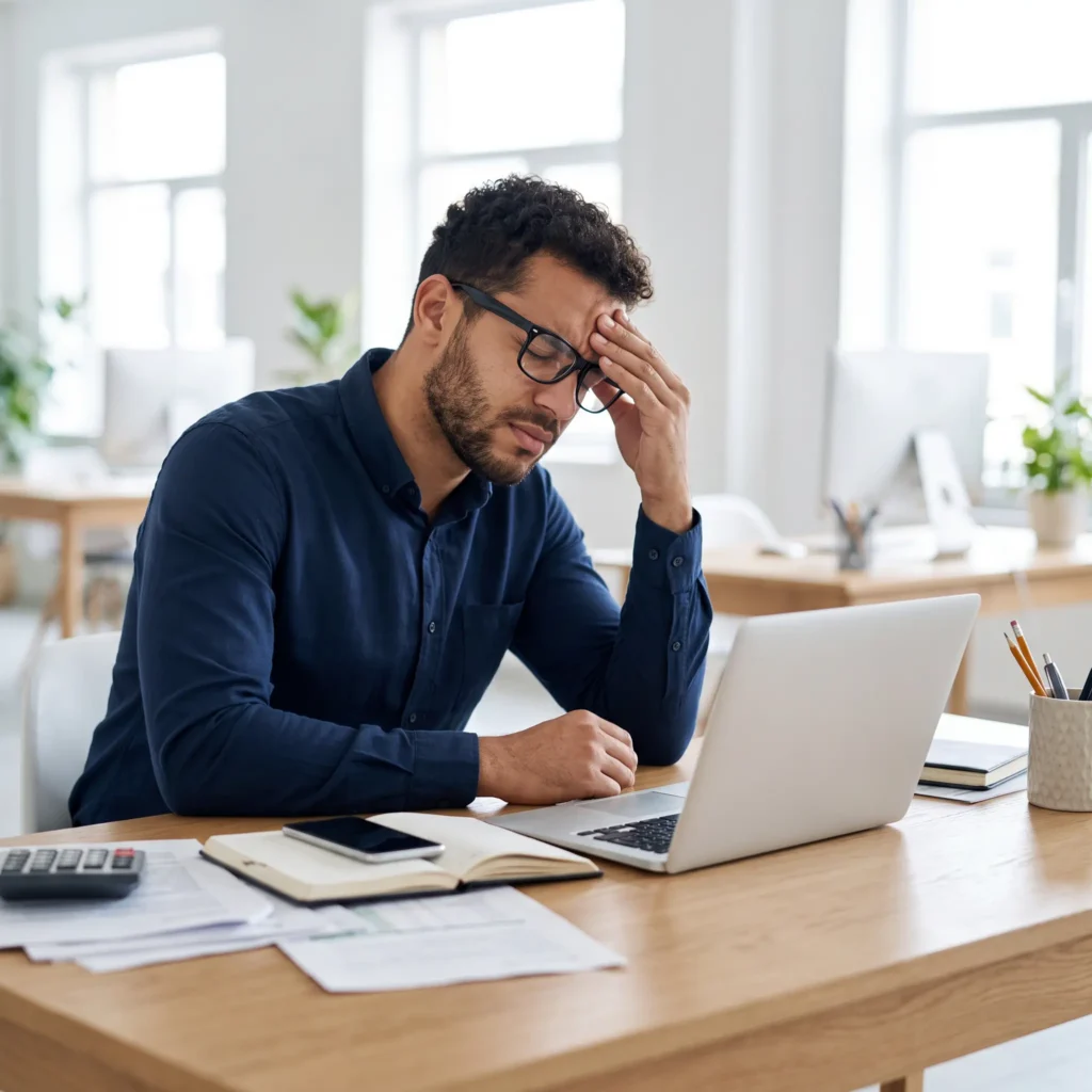 Stressed business owner working on a laptop at a desk.