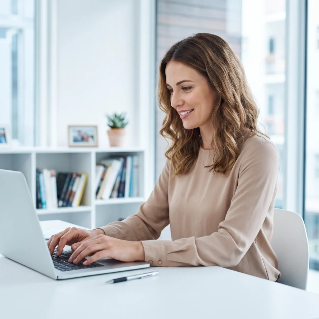 Professional woman working on a laptop in a modern office