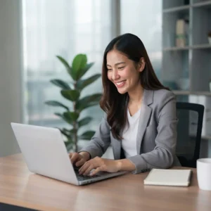Woman smiling while working on a laptop at a modern office desk with a notebook and coffee mug nearby.