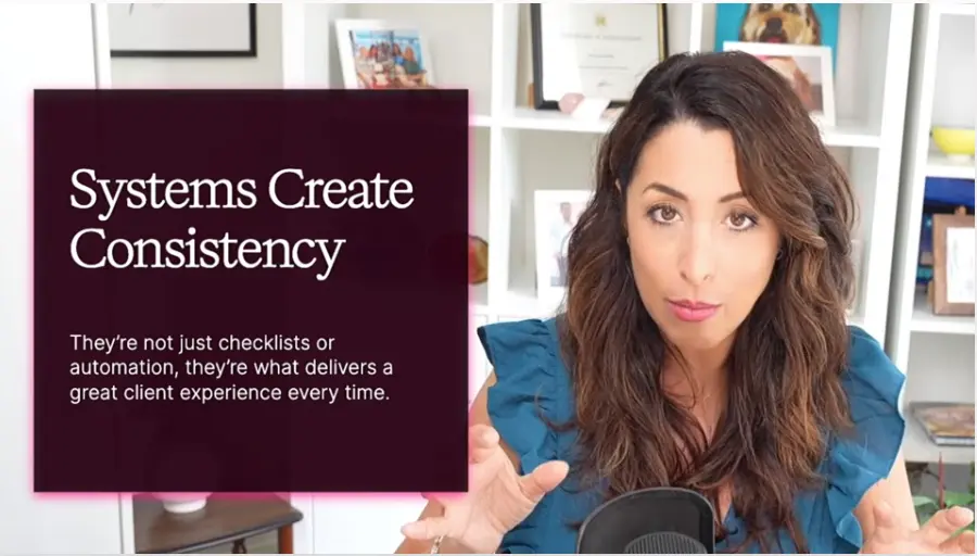 Woman explaining how systems improve client experience